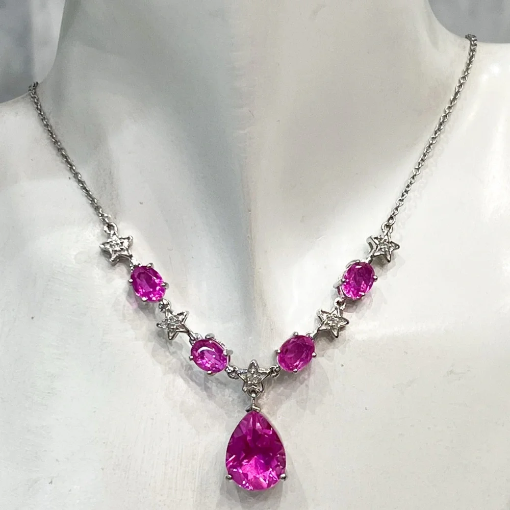 Radiant Orchid Quartz White Zircon Silver V Drop Necklace w/ Extender - Picture 4 of 15